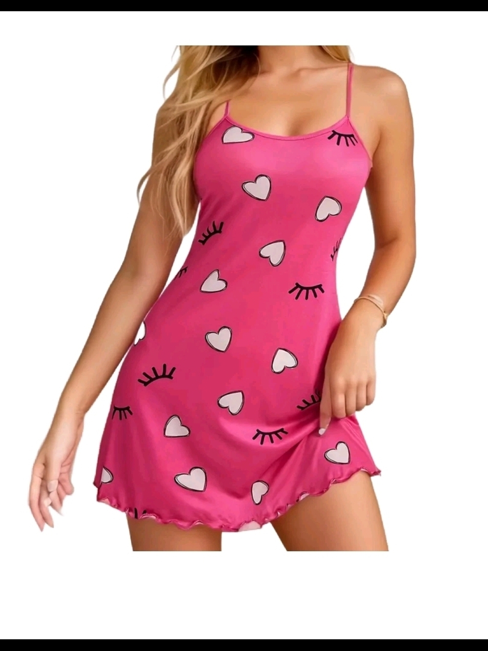 Women's Hot Pink Heart & Eyelash Slip Sleepwear Lingure